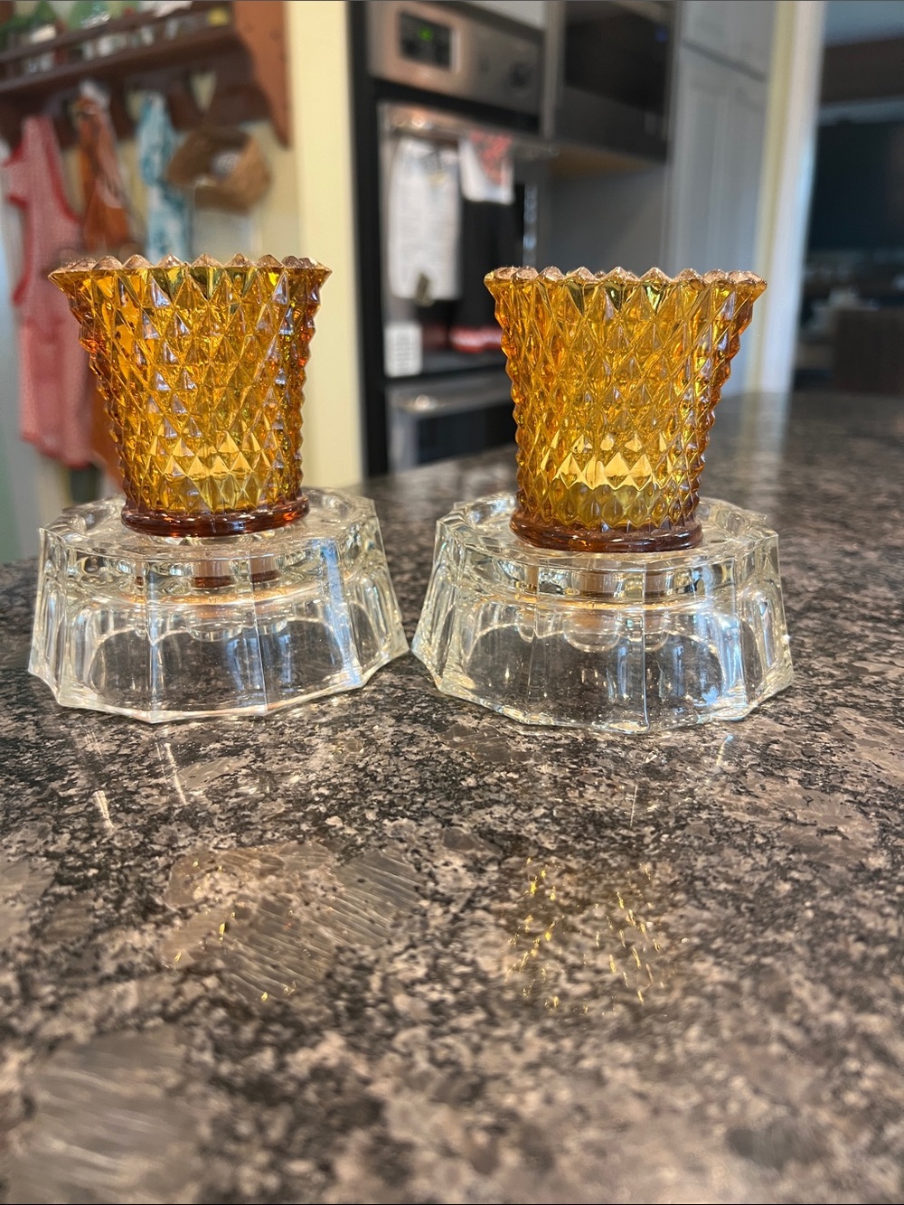 VTG Indiana Glass Amber Diamond Cut Votive Holders- Set of 2